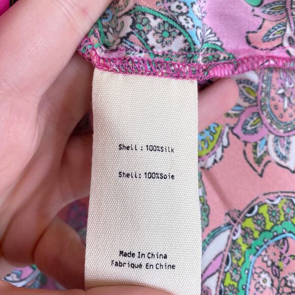 L'AGENCE Tyler Paisley Print Silk Shirt Rhodamine Bright Pop Size XS Pink - Picture 5 of 7